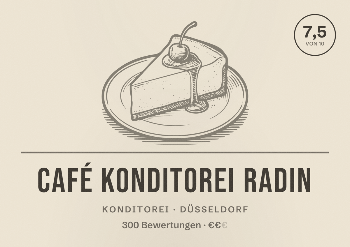 Illustriertes Poster von Café Konditorei Radin, Konditorei in Düsseldorf: Bewertung 7,5 von 10 aus 300 Bewertungen, Preisniveau €€
