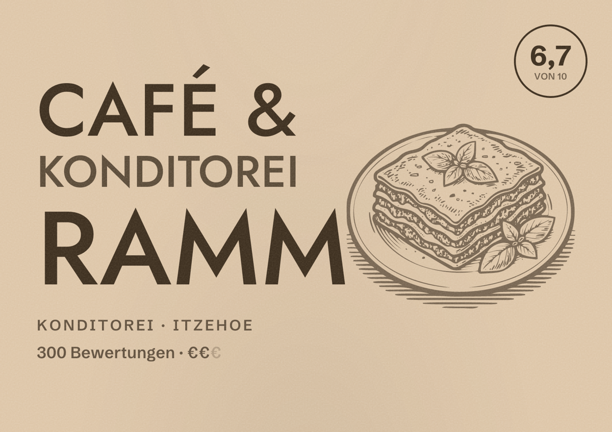 Illustriertes Poster von Café & Konditorei Ramm, Konditorei in Itzehoe: Bewertung 6,7 von 10 aus 300 Bewertungen, Preisniveau €€