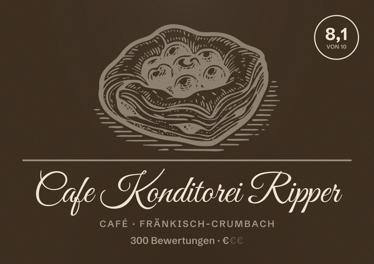 Illustriertes Poster von Cafe Konditorei Ripper, Café in Fränkisch-Crumbach: Bewertung 8,1 von 10 aus 300 Bewertungen, Preisniveau €