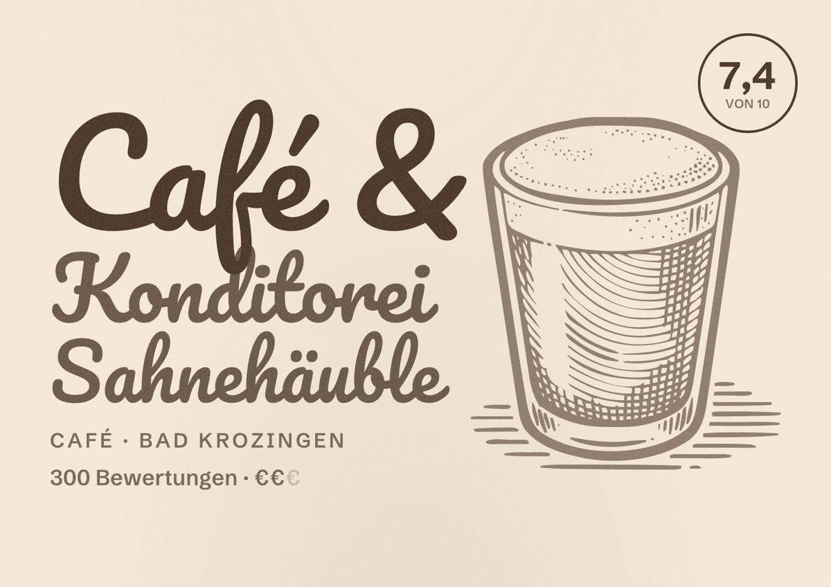 Illustriertes Poster von Café & Konditorei Sahnehäuble, Café in Bad Krozingen: Bewertung 7,4 von 10 aus 300 Bewertungen, Preisniveau €€