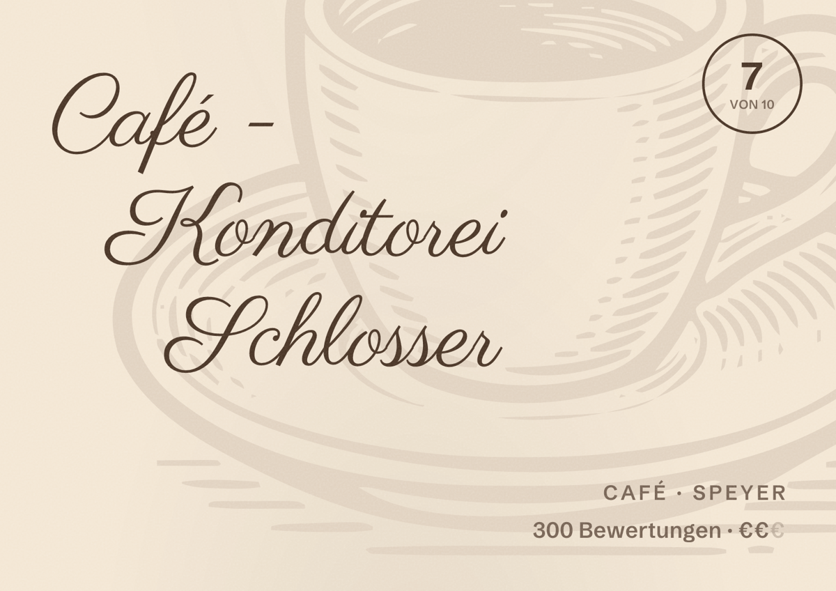 Illustriertes Poster von Café - Konditorei Schlosser, Café in Speyer: Bewertung 7 von 10 aus 300 Bewertungen, Preisniveau €€