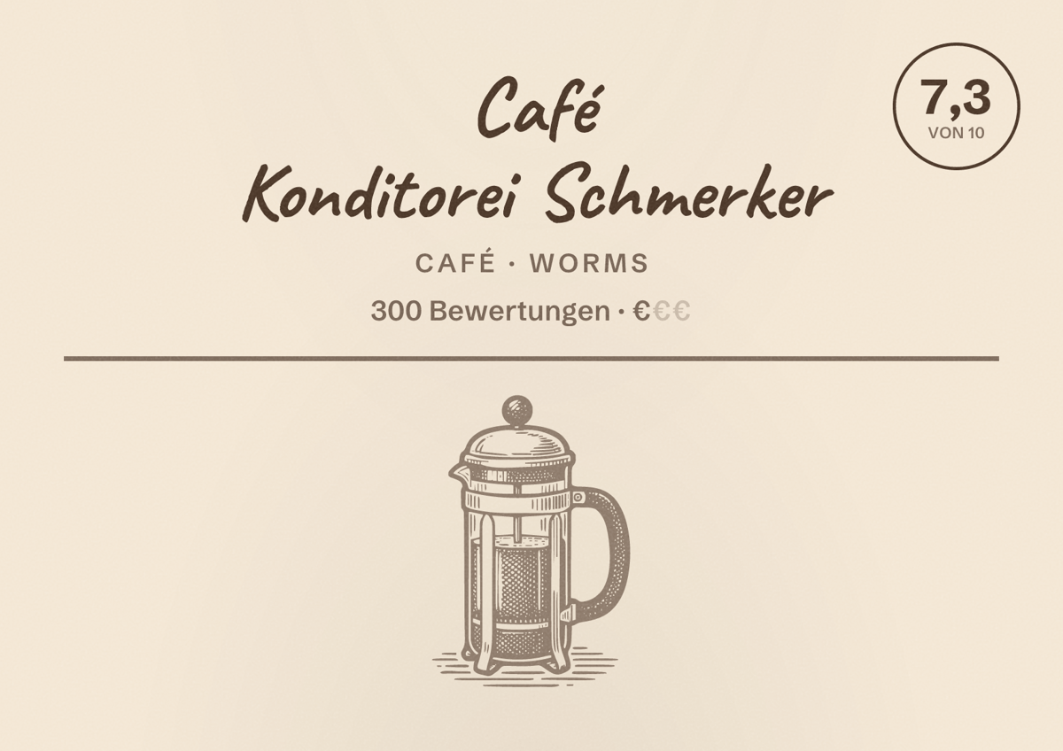 Illustriertes Poster von Café Konditorei Schmerker, Café in Worms: Bewertung 7,3 von 10 aus 300 Bewertungen, Preisniveau €