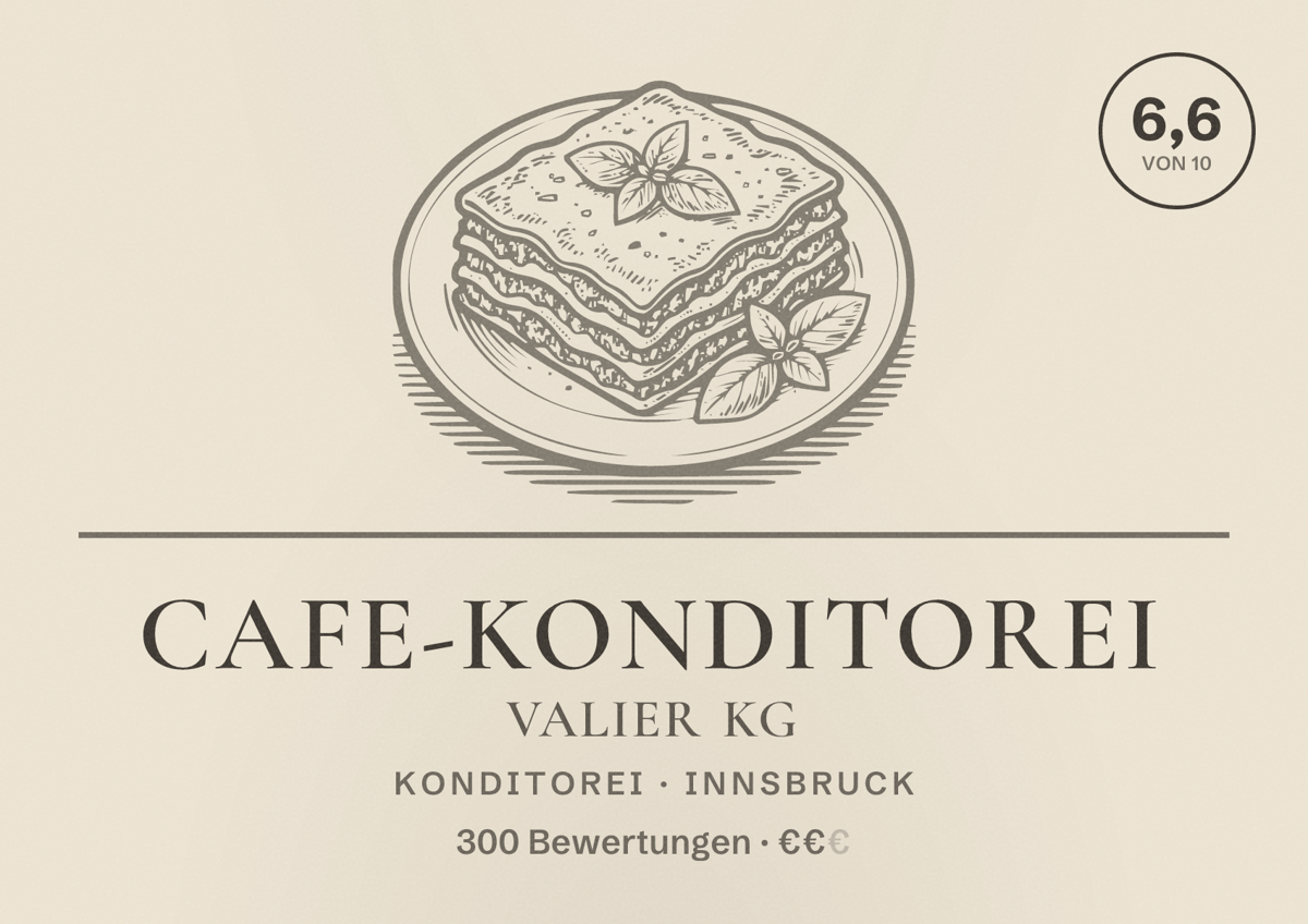 Illustriertes Poster von Cafe-Konditorei Valier KG, Konditorei in Innsbruck: Bewertung 6,6 von 10 aus 300 Bewertungen, Preisniveau €€