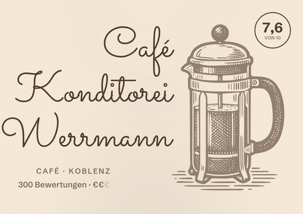 Illustriertes Poster von Café Konditorei Werrmann, Café in Koblenz: Bewertung 7,6 von 10 aus 300 Bewertungen, Preisniveau €€