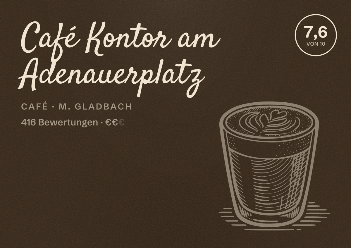 Illustriertes Poster von Café Kontor am Adenauerplatz, Café in M. Gladbach: Bewertung 7,6 von 10 aus 416 Bewertungen, Preisniveau €€