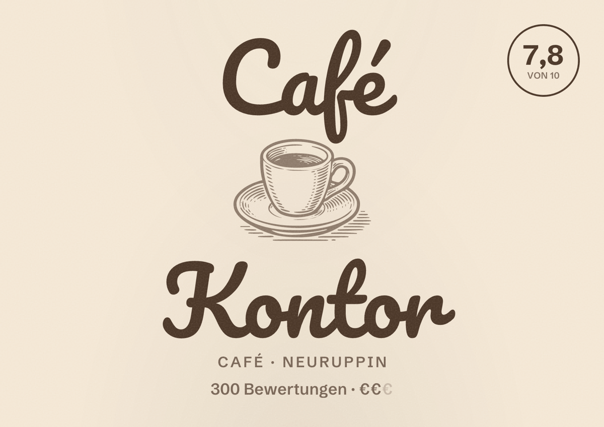 Illustriertes Poster von Café Kontor, Café in Neuruppin: Bewertung 7,8 von 10 aus 300 Bewertungen, Preisniveau €€