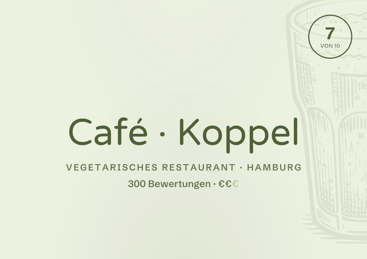 Illustriertes Poster von Café Koppel, Vegetarisches Restaurant in Hamburg: Bewertung 7,0 von 10 aus 300 Bewertungen, Preisniveau €€