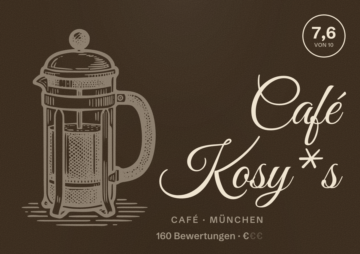 Illustriertes Poster von Café Kosy*s, Café in München: Bewertung 7,6 von 10 aus 160 Bewertungen, Preisniveau €