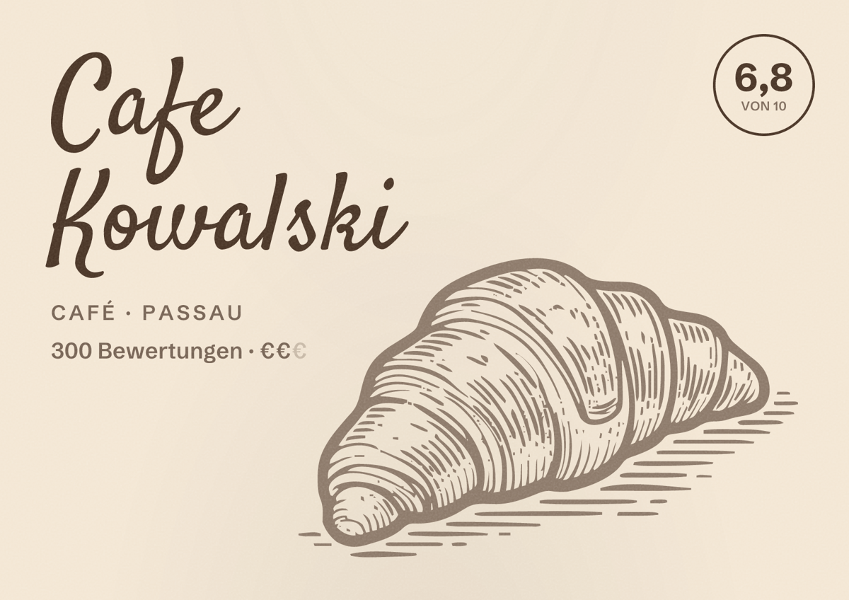 Illustriertes Poster von Cafe Kowalski, Café in Passau: Bewertung 6,8 von 10 aus 300 Bewertungen, Preisniveau €€
