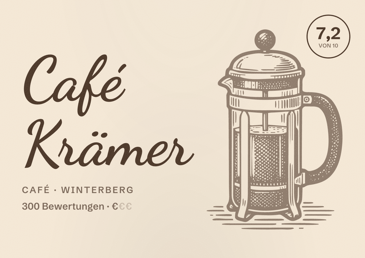 Illustriertes Poster von Café Krämer, Café in Winterberg: Bewertung 7,2 von 10 aus 300 Bewertungen, Preisniveau €
