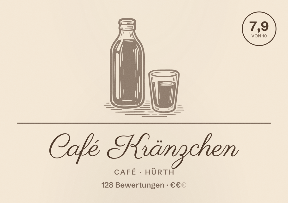 Illustriertes Poster von Café Kränzchen, Café in Hürth: Bewertung 7,9 von 10 aus 128 Bewertungen, Preisniveau €€
