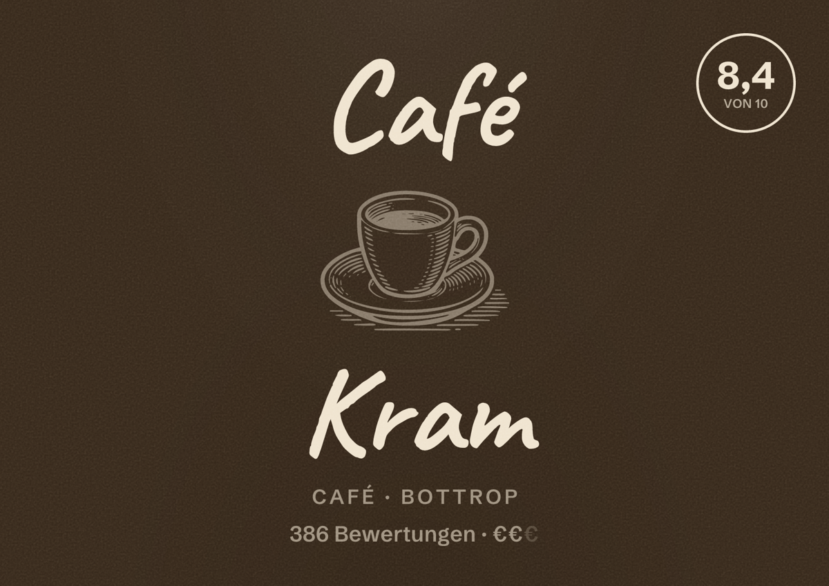 Illustriertes Poster von Café Kram, Café in Bottrop: Bewertung 8,4 von 10 aus 386 Bewertungen, Preisniveau €€