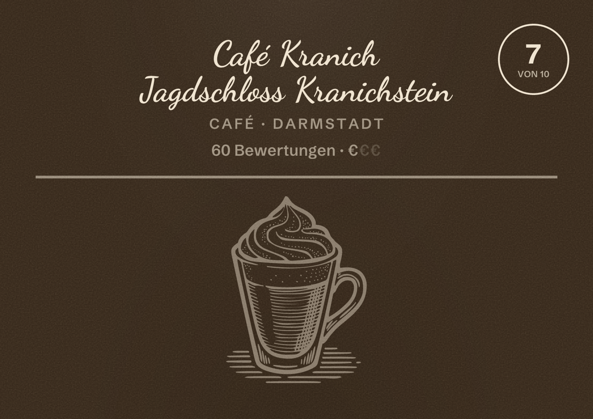 Illustriertes Poster von Café Kranich Jagdschloss Kranichstein, Café in Darmstadt: Bewertung 7 von 10 aus 60 Bewertungen, Preisniveau €