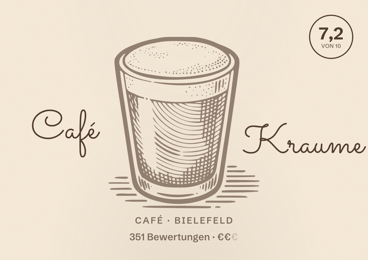 Illustriertes Poster von Café Kraume, Café in Bielefeld: Bewertung 7,2 von 10 aus 351 Bewertungen, Preisniveau €€