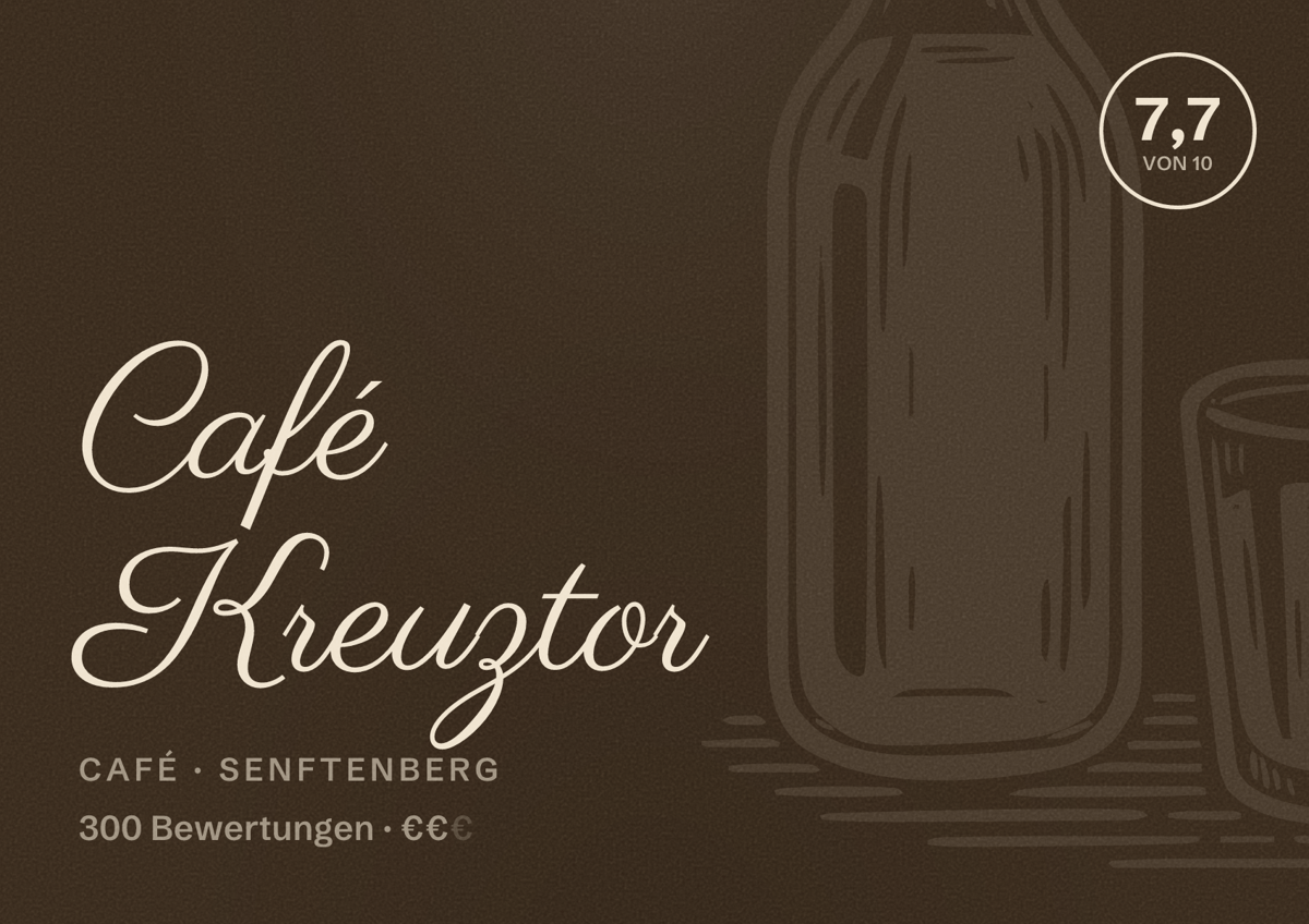 Illustriertes Poster von Café Kreuztor, Café in Senftenberg: Bewertung 7,7 von 10 aus 300 Bewertungen, Preisniveau €€