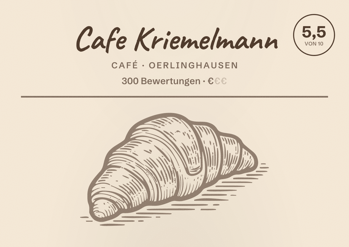Illustriertes Poster von Cafe Kriemelmann, Café in Oerlinghausen: Bewertung 5,5 von 10 aus 300 Bewertungen, Preisniveau €