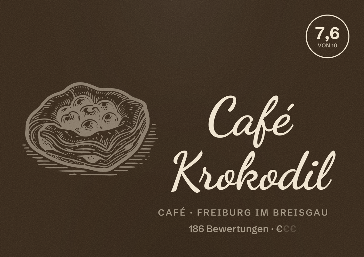 Illustriertes Poster von Café Krokodil, Café in Freiburg im Breisgau: Bewertung 7,6 von 10 aus 186 Bewertungen, Preisniveau €