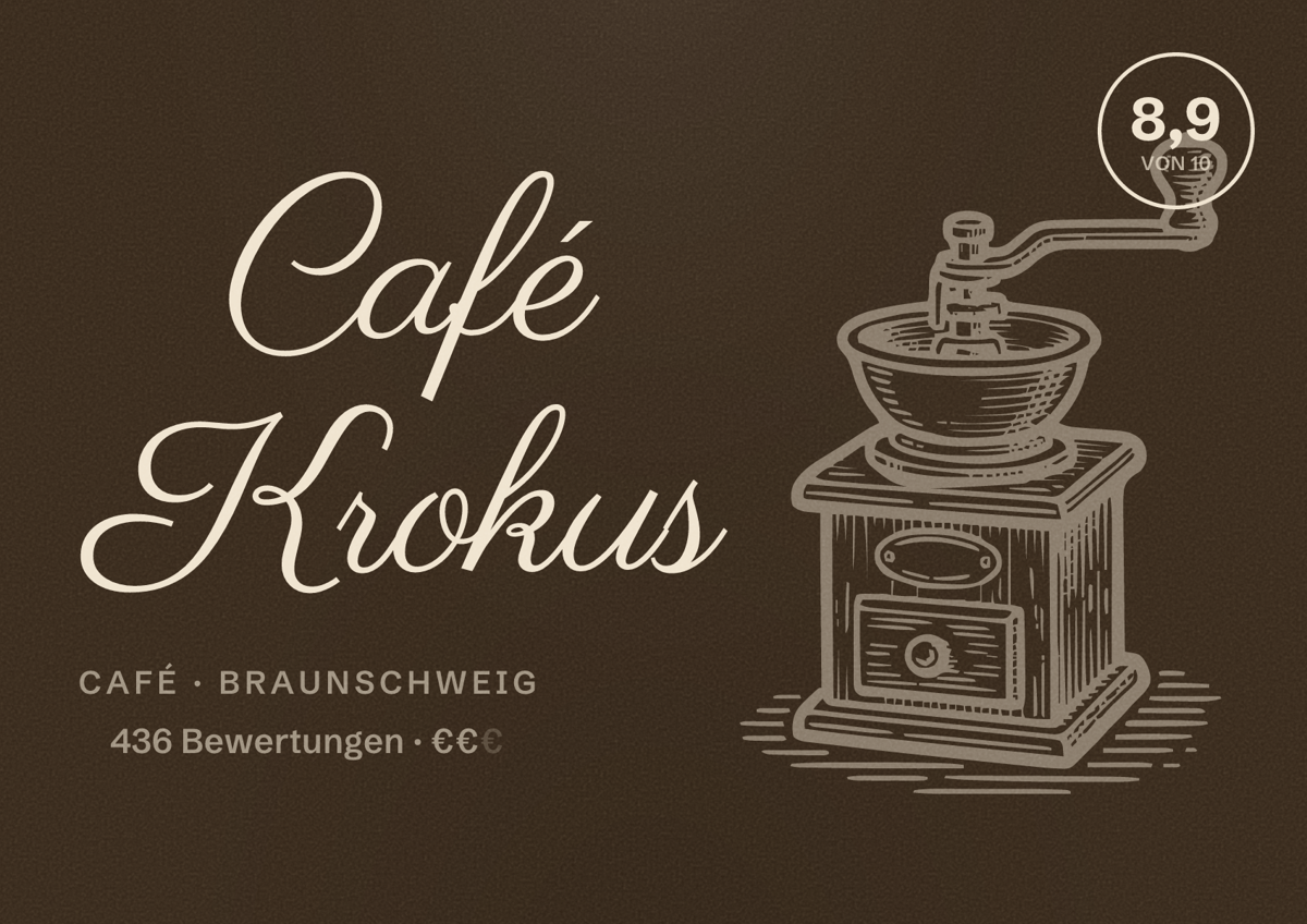 Illustriertes Poster von Café Krokus, Café in Braunschweig: Bewertung 8,9 von 10 aus 436 Bewertungen, Preisniveau €€