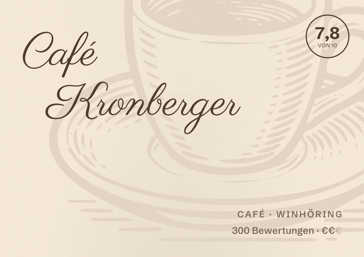 Illustriertes Poster von Café Kronberger, Café in Winhöring: Bewertung 7,8 von 10 aus 300 Bewertungen, Preisniveau €€