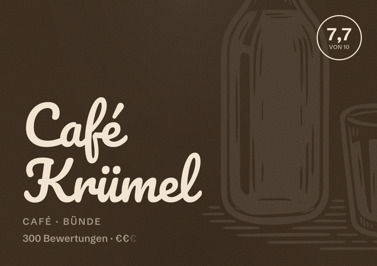 Illustriertes Poster von Café Krümel, Café in Bünde: Bewertung 7,7 von 10 aus 300 Bewertungen, Preisniveau €€