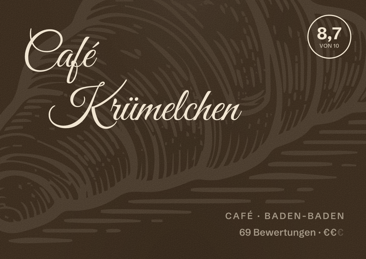 Illustriertes Poster von Café Krümelchen, Café in Baden-Baden: Bewertung 8,7 von 10 aus 69 Bewertungen, Preisniveau €€