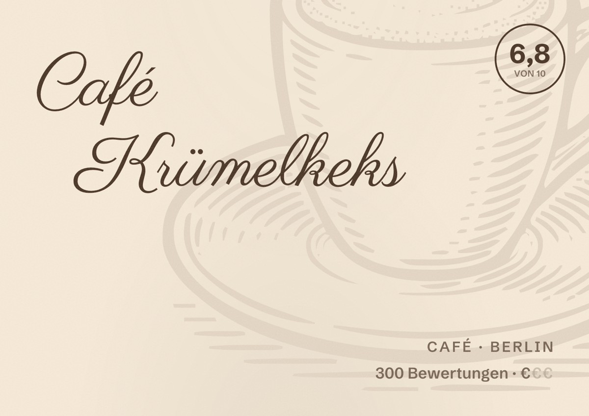 Illustriertes Poster von Café Krümelkeks, Café in Berlin: Bewertung 6,8 von 10 aus 300 Bewertungen, Preisniveau €