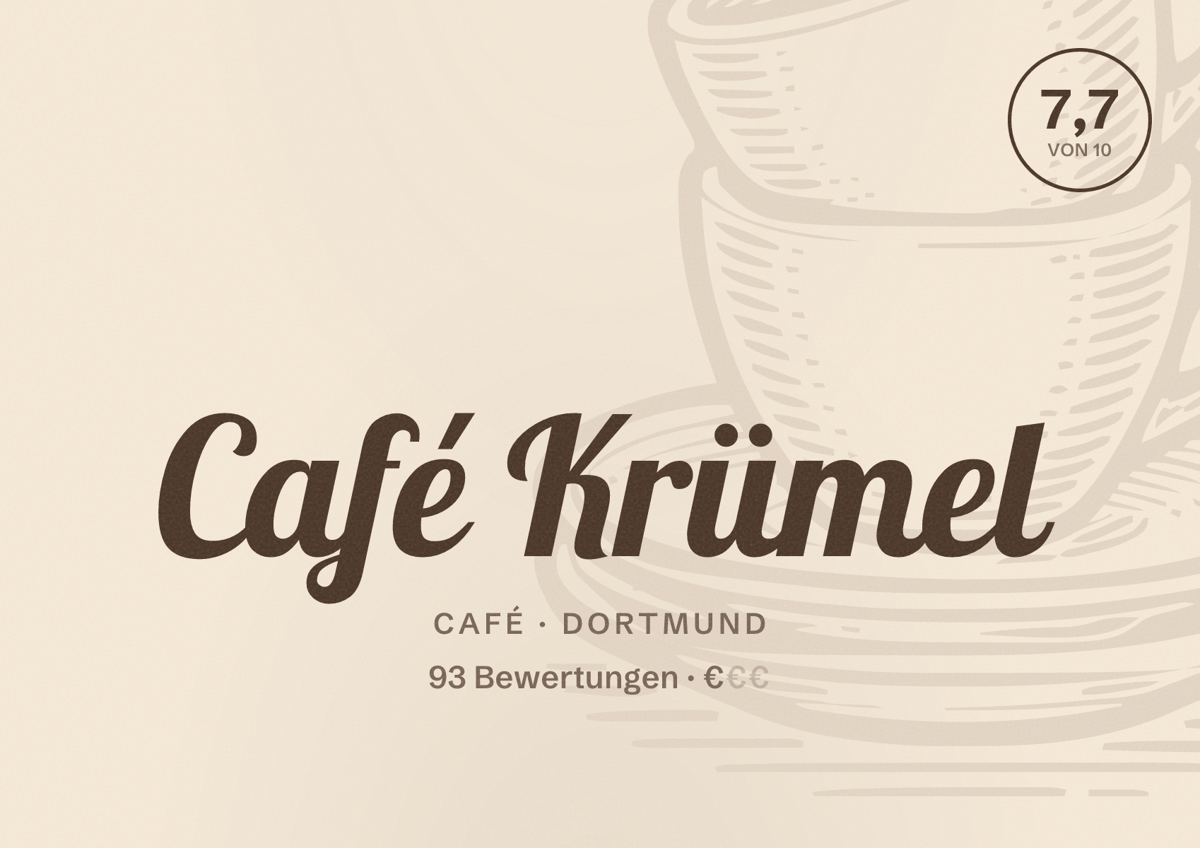 Illustriertes Poster von Café Krümel, Café in Dortmund: Bewertung 7,7 von 10 aus 93 Bewertungen, Preisniveau €