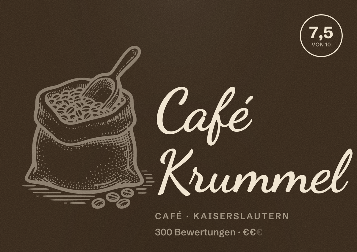 Illustriertes Poster von Café Krummel, Café in Kaiserslautern: Bewertung 7,5 von 10 aus 300 Bewertungen, Preisniveau €€