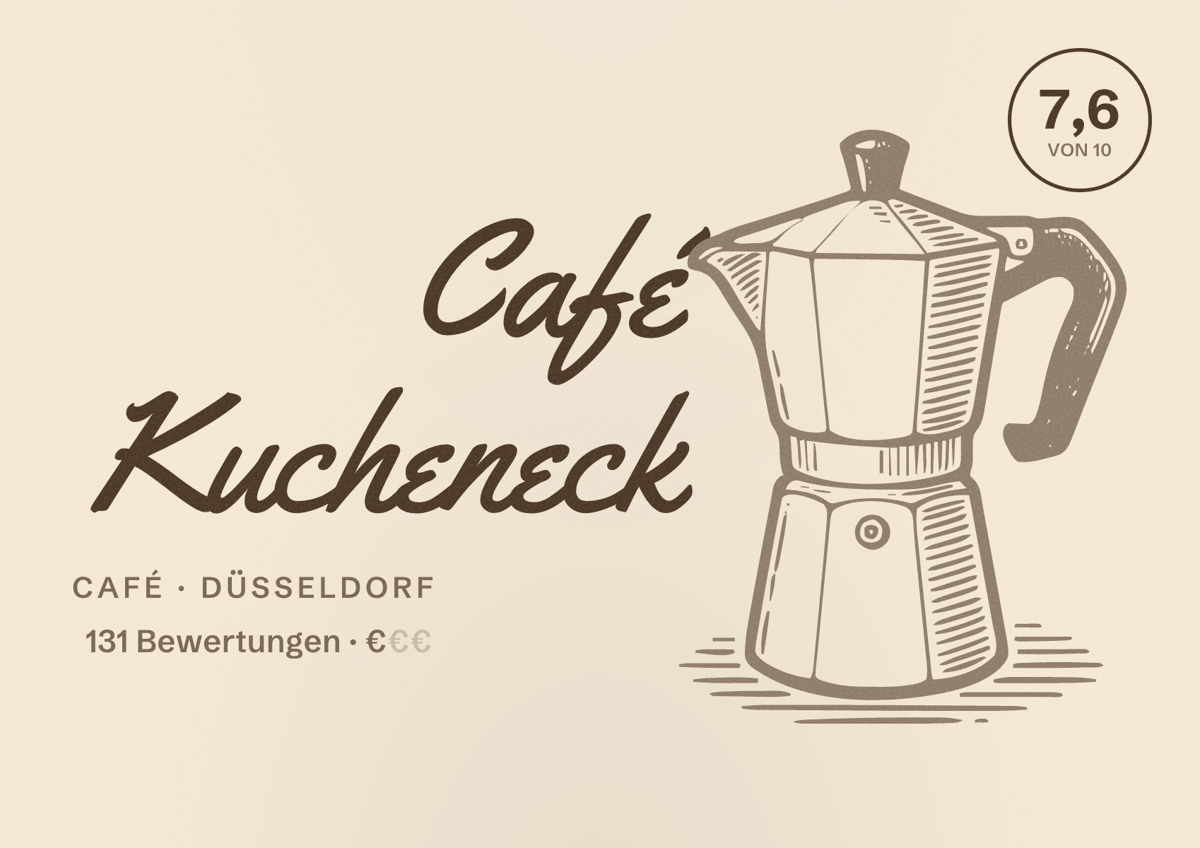 Illustriertes Poster von Café Kucheneck, Café in Düsseldorf: Bewertung 7,6 von 10 aus 131 Bewertungen, Preisniveau €