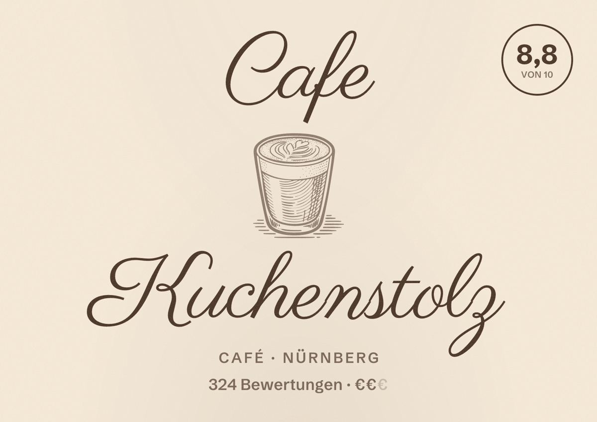 Illustriertes Poster von Cafe Kuchenstolz, Café in Nürnberg: Bewertung 8,8 von 10 aus 324 Bewertungen, Preisniveau €€