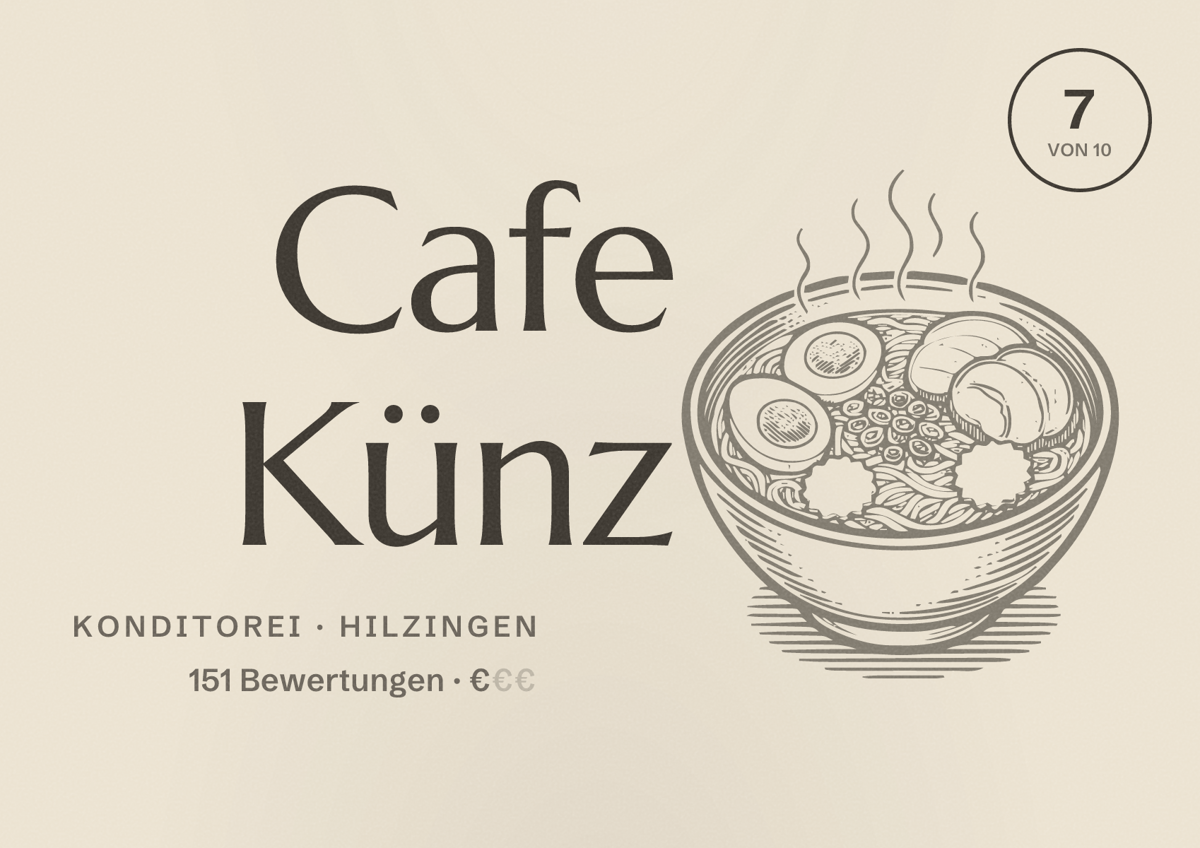 Illustriertes Poster von Cafe Künz, Konditorei in Hilzingen: Bewertung 7 von 10 aus 151 Bewertungen, Preisniveau €