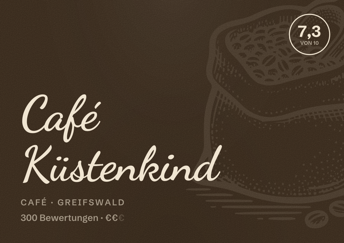 Illustriertes Poster von Café Küstenkind, Café in Greifswald: Bewertung 7,3 von 10 aus 300 Bewertungen, Preisniveau €€