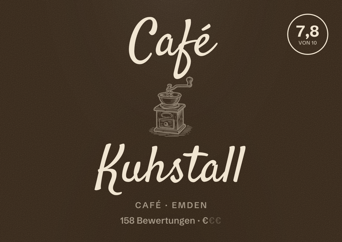 Illustriertes Poster von Café Kuhstall, Café in Emden: Bewertung 7,8 von 10 aus 158 Bewertungen, Preisniveau €