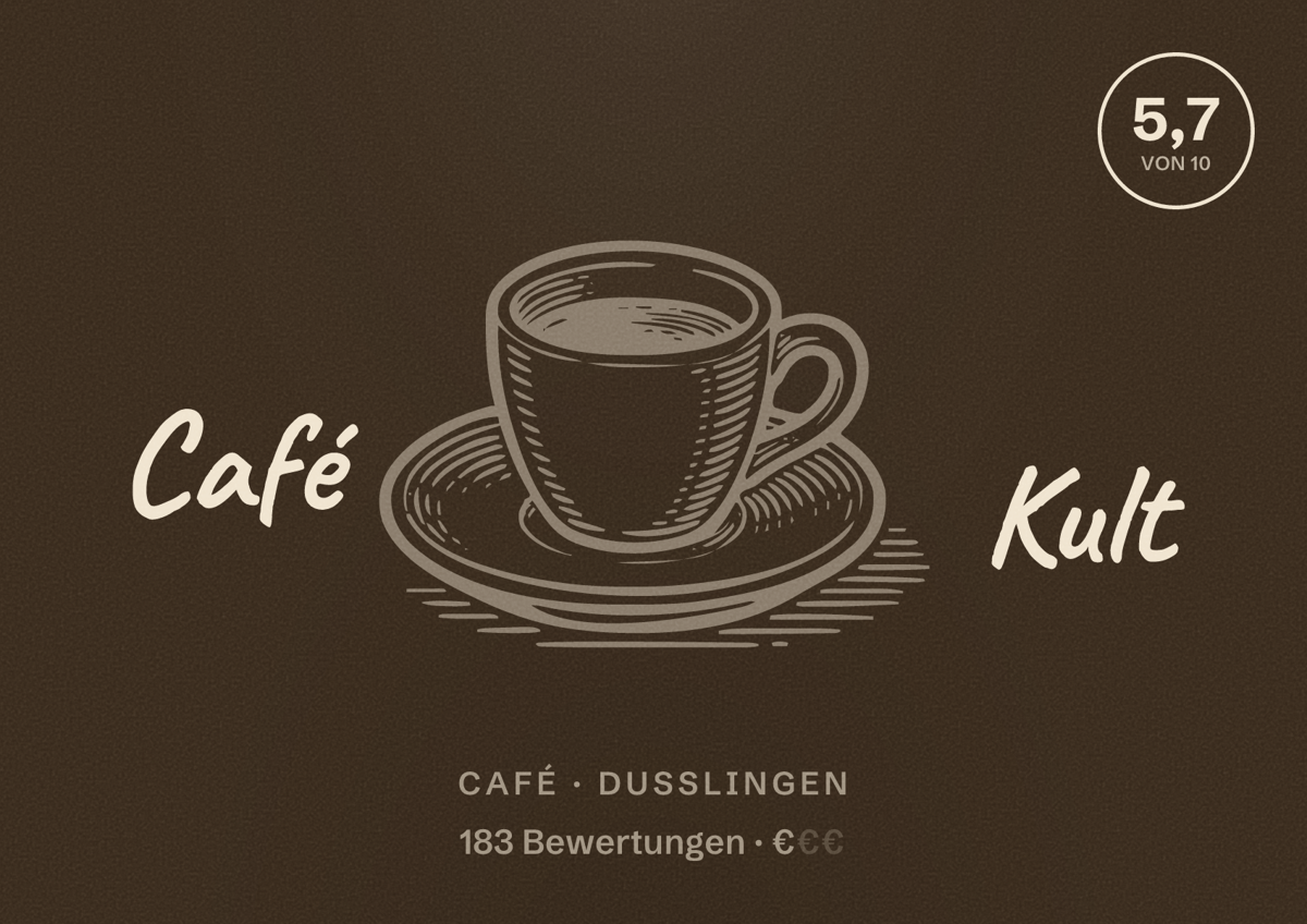 Illustriertes Poster von Café Kult, Café in Dußlingen: Bewertung 5,7 von 10 aus 183 Bewertungen, Preisniveau €