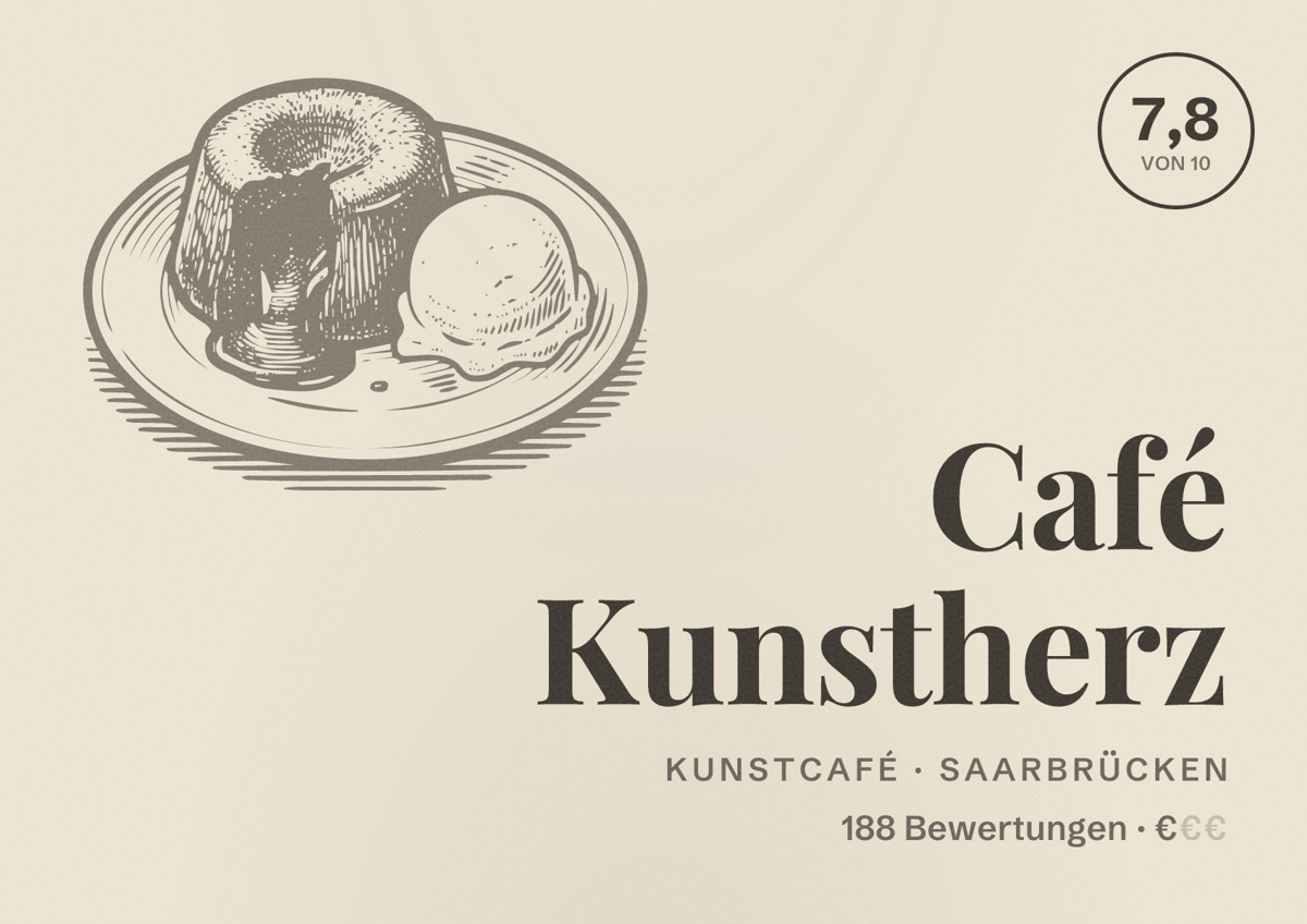 Illustriertes Poster von Café Kunstherz, Kunstcafé in Saarbrücken: Bewertung 7,8 von 10 aus 188 Bewertungen, Preisniveau €
