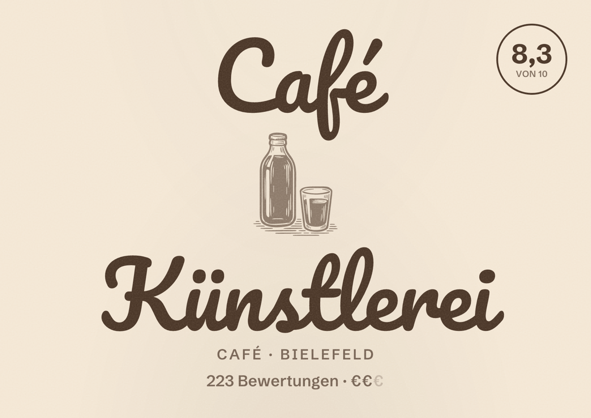 Illustriertes Poster von Café Künstlerei, Café in Bielefeld: Bewertung 8,3 von 10 aus 223 Bewertungen, Preisniveau €€