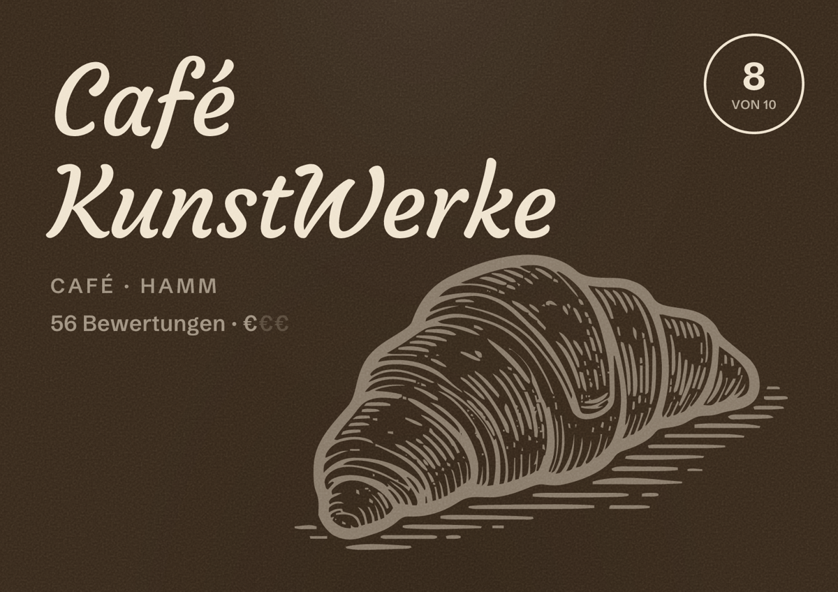 Illustriertes Poster von Café KunstWerke, Café in Hamm: Bewertung 8 von 10 aus 56 Bewertungen, Preisniveau €