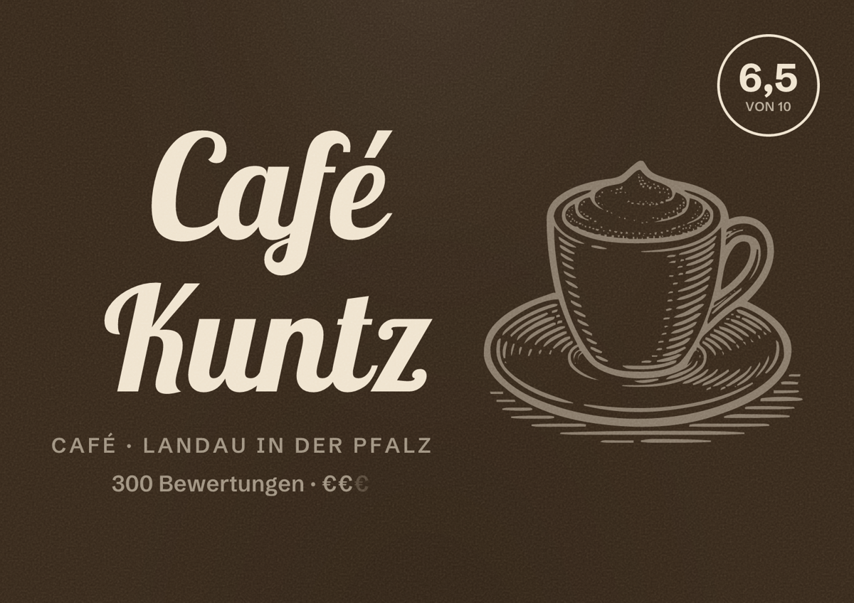 Illustriertes Poster von Café Kuntz, Café in Landau in der Pfalz: Bewertung 6,5 von 10 aus 300 Bewertungen, Preisniveau €€