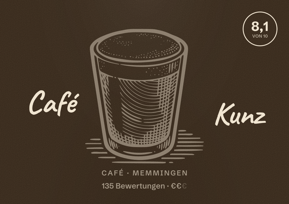 Illustriertes Poster von Café Kunz, Café in Memmingen: Bewertung 8,1 von 10 aus 135 Bewertungen, Preisniveau €€