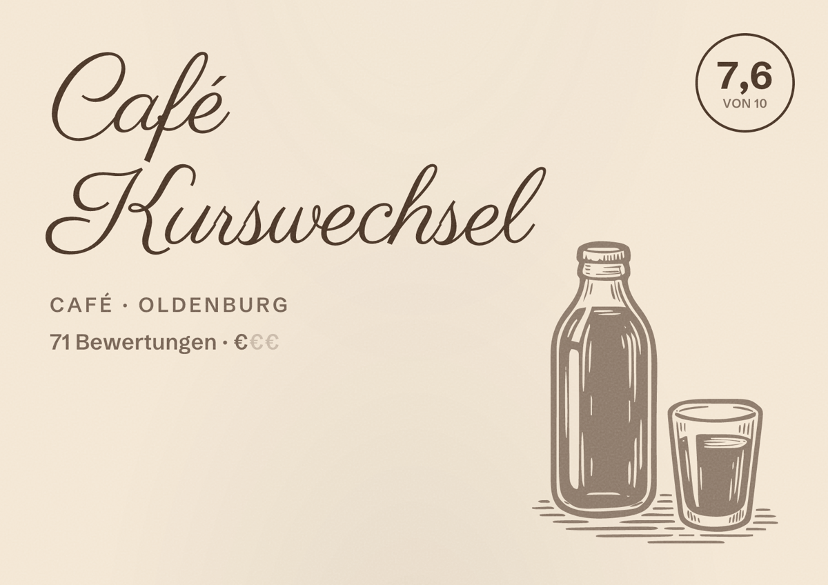 Illustriertes Poster von Café Kurswechsel, Café in Oldenburg: Bewertung 7,6 von 10 aus 71 Bewertungen, Preisniveau €