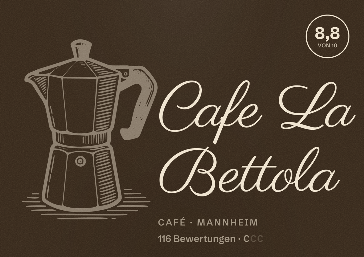 Illustriertes Poster von Cafe La Bettola, Café in Mannheim: Bewertung 8,8 von 10 aus 116 Bewertungen, Preisniveau €