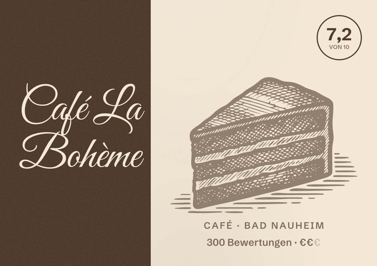 Illustriertes Poster von Café La Bohème, Café in Bad Nauheim: Bewertung 7,2 von 10 aus 300 Bewertungen, Preisniveau €€
