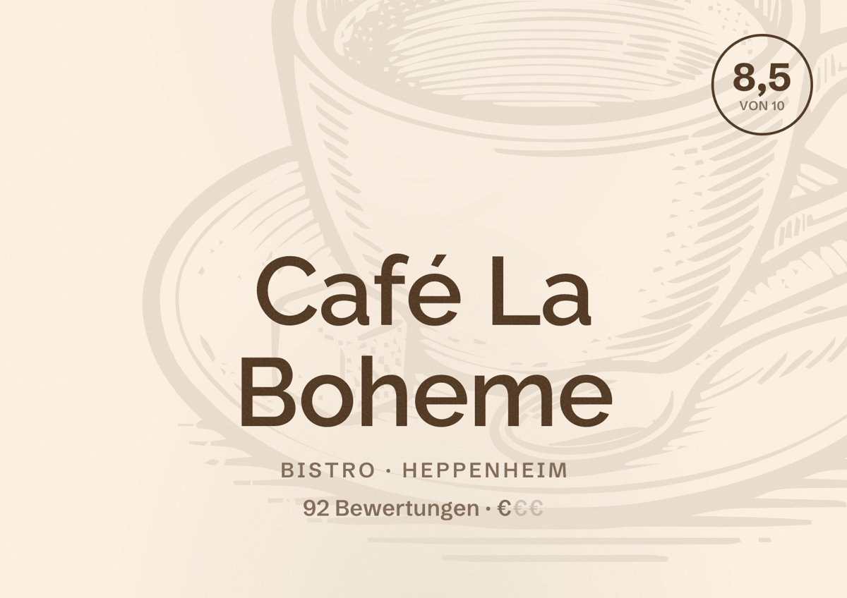 Illustriertes Poster von Café La Boheme, Bistro in Heppenheim: Bewertung 8,5 von 10 aus 92 Bewertungen, Preisniveau €