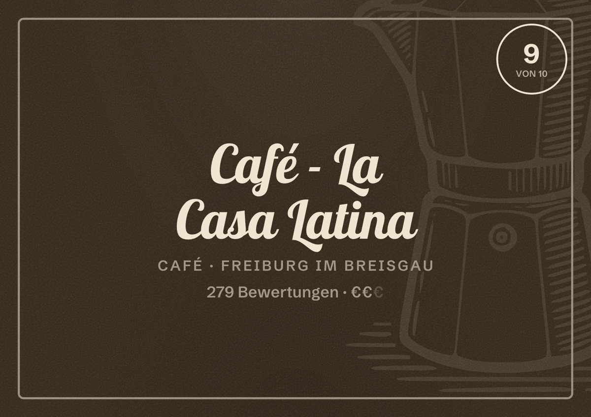 Illustriertes Poster von Café - La Casa Latina, Café in Freiburg im Breisgau: Bewertung 9,0 von 10 aus 279 Bewertungen, Preisniveau €€