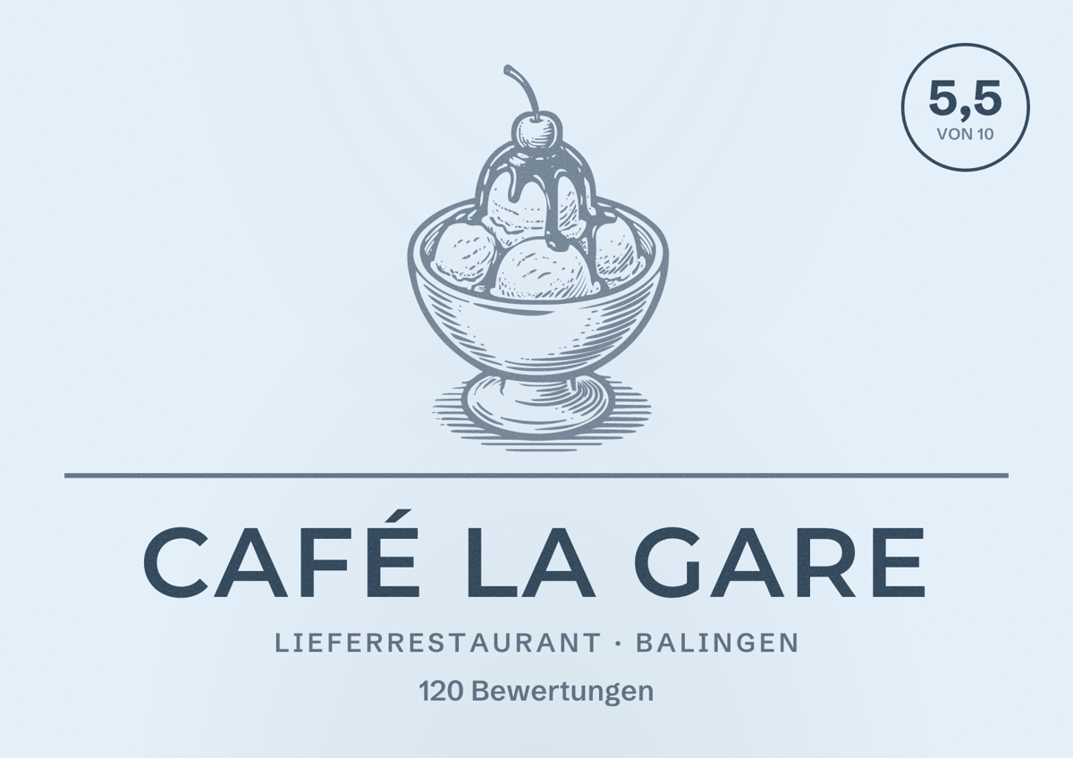 Illustriertes Poster von Café la Gare, Lieferrestaurant in Balingen: Bewertung 5,5 von 10 aus 120 Bewertungen