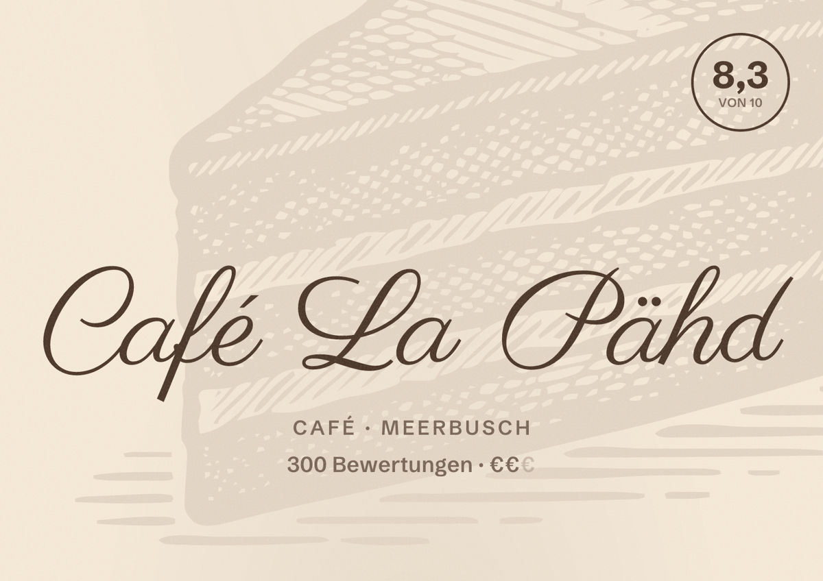 Illustriertes Poster von Café La Pähd, Café in Meerbusch: Bewertung 8,3 von 10 aus 300 Bewertungen, Preisniveau €€
