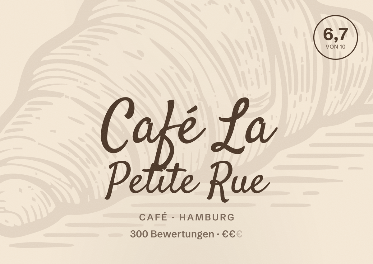 Illustriertes Poster von Café La Petite Rue, Café in Hamburg: Bewertung 6,7 von 10 aus 300 Bewertungen, Preisniveau €€