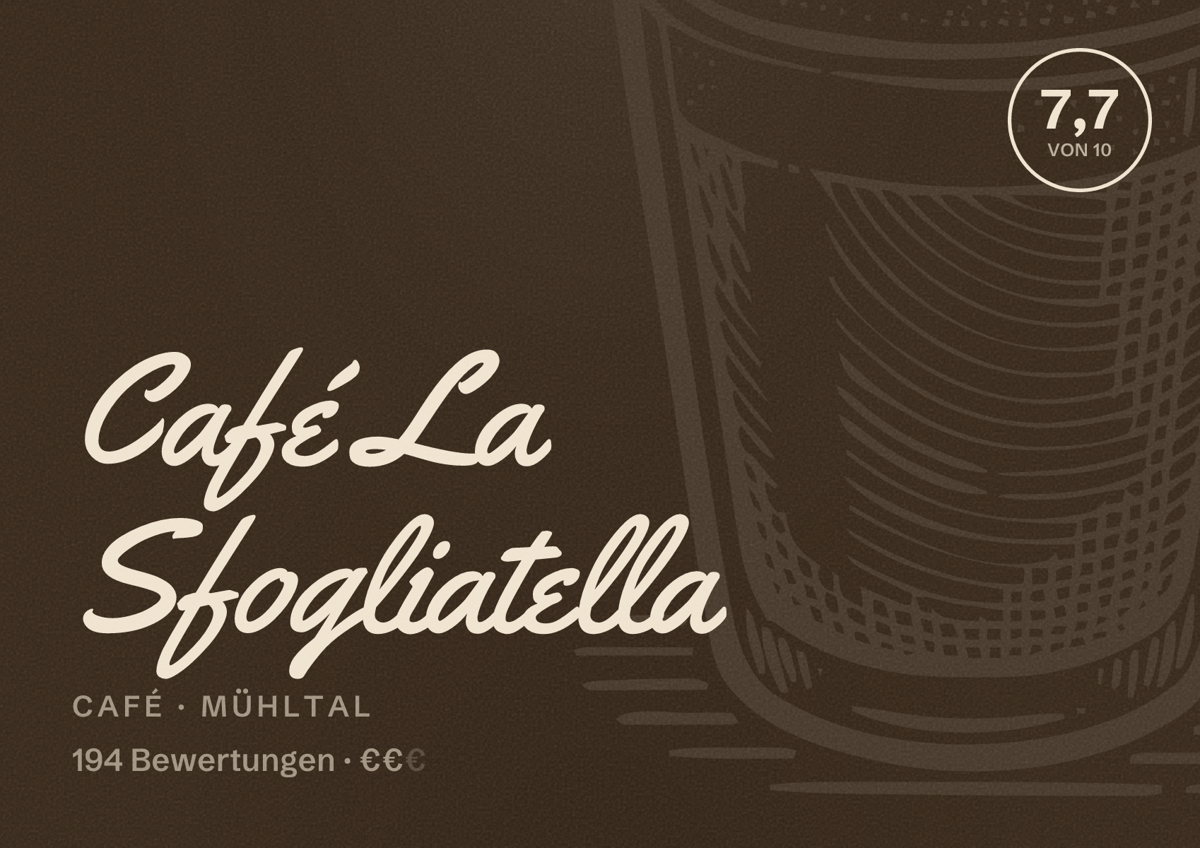 Illustriertes Poster von Café La Sfogliatella, Café in Mühltal: Bewertung 7,7 von 10 aus 194 Bewertungen, Preisniveau €€