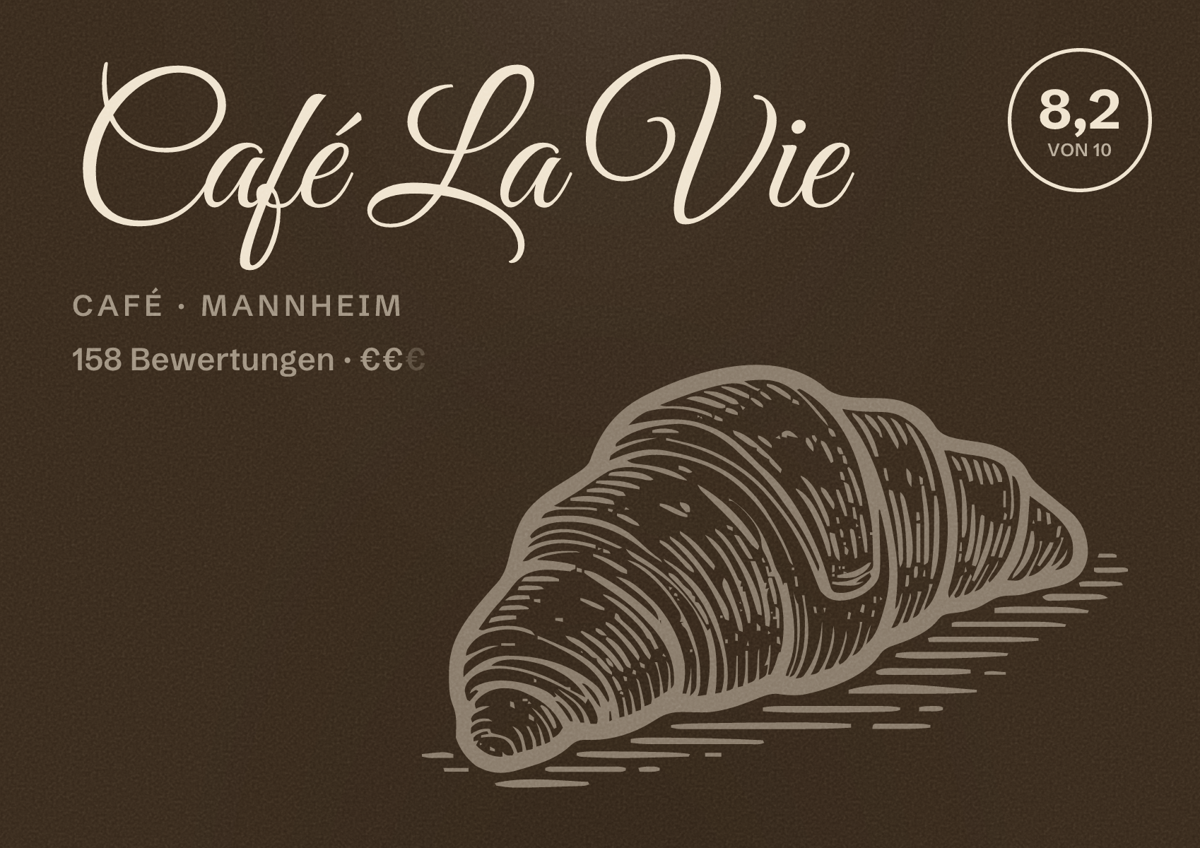Illustriertes Poster von Café La Vie, Café in Mannheim: Bewertung 8,2 von 10 aus 158 Bewertungen, Preisniveau €€