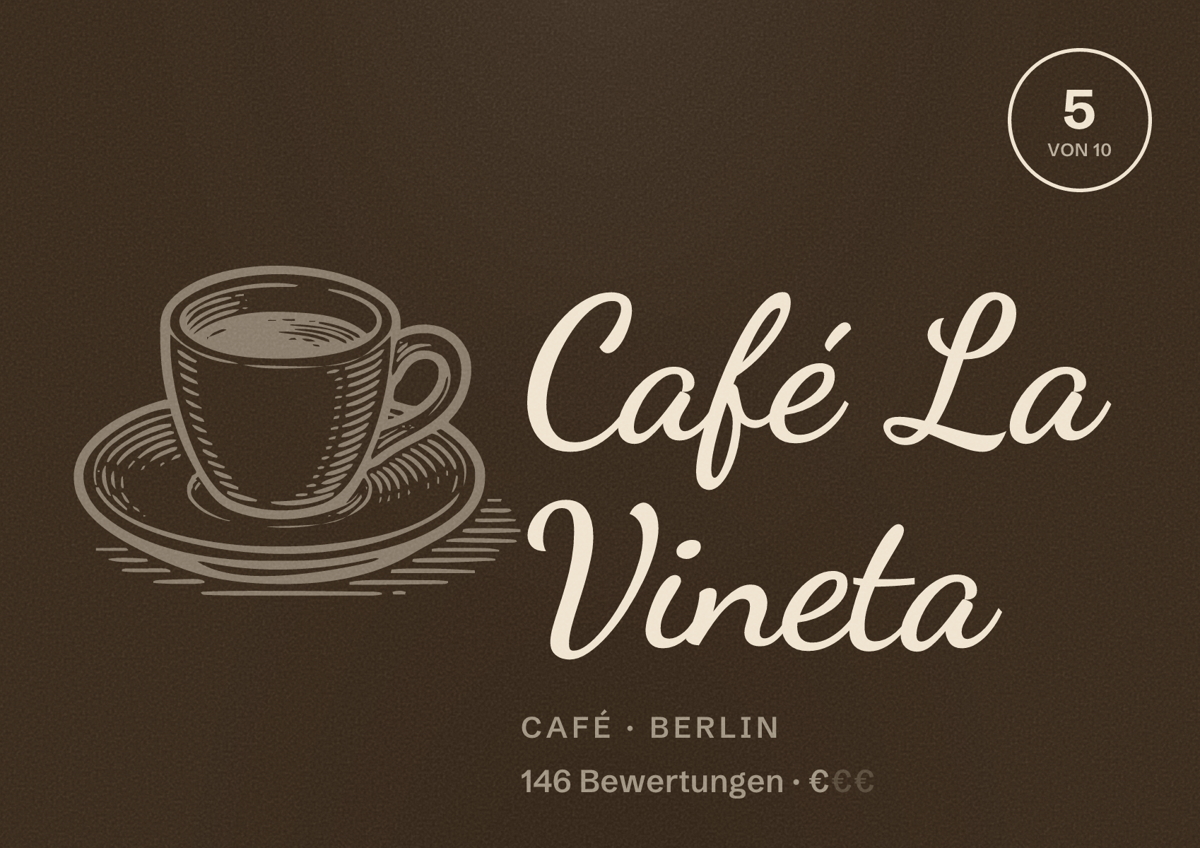 Illustriertes Poster von Café La Vineta, Café in Berlin: Bewertung 5 von 10 aus 146 Bewertungen, Preisniveau €